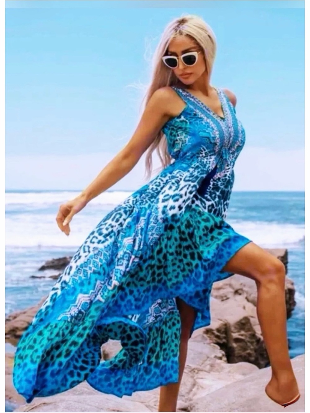 True Colours Resort Turquoise Animal-Print High-Low V-Neck Maxi Dress L XL